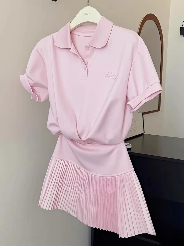 Tenue d'été rose Ne t-shirt jupe ensemble décontracté Anti-âge taille haute jupe trapèze ort Sve mi-longue printemps Faion