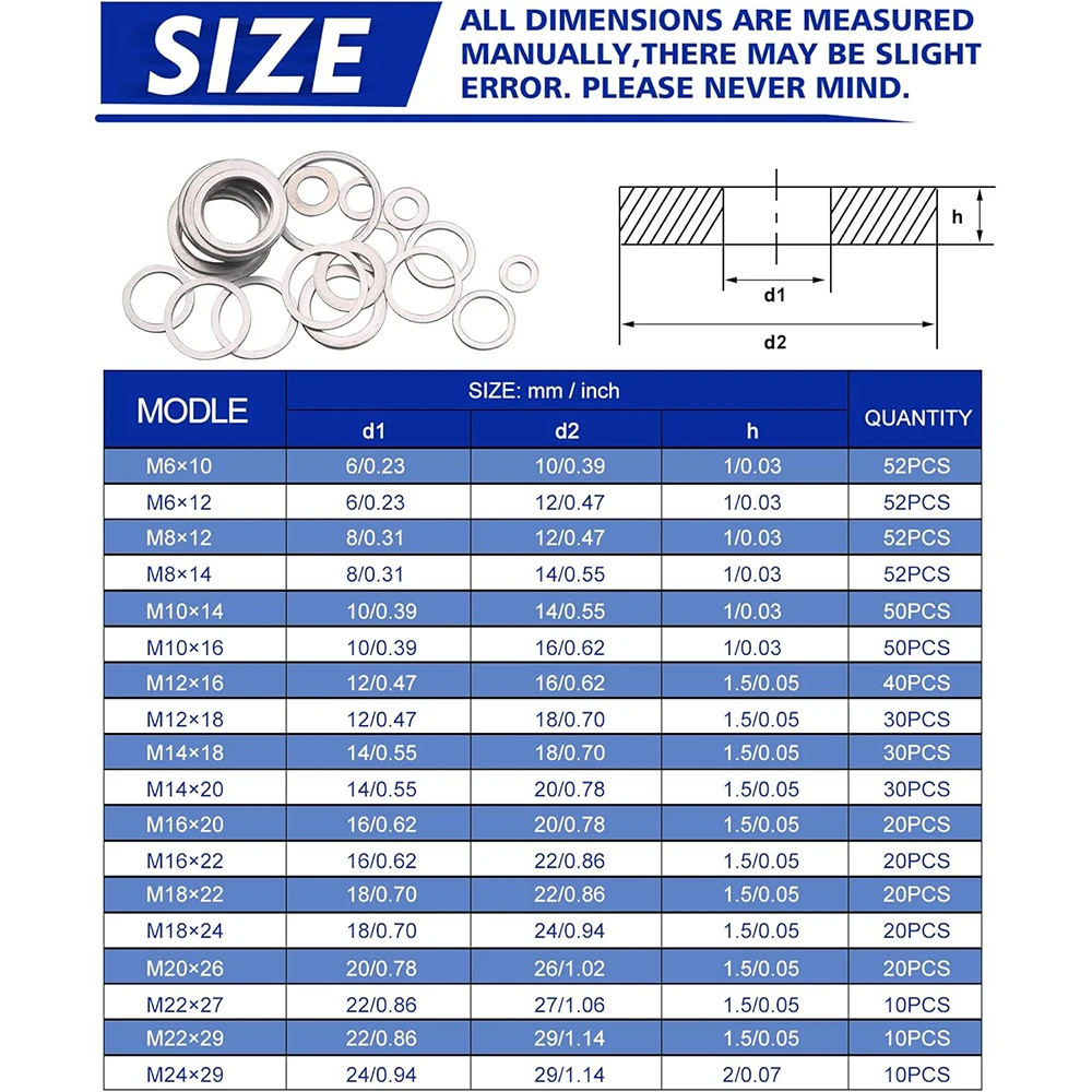 568pcs Aluminum Crush Washer Oil Drain Plug-Automotive Engine Oil Pan Drain Plug Gasket (M6 M8 M10 M12 M14 M16 M18 M20 M22 M24)