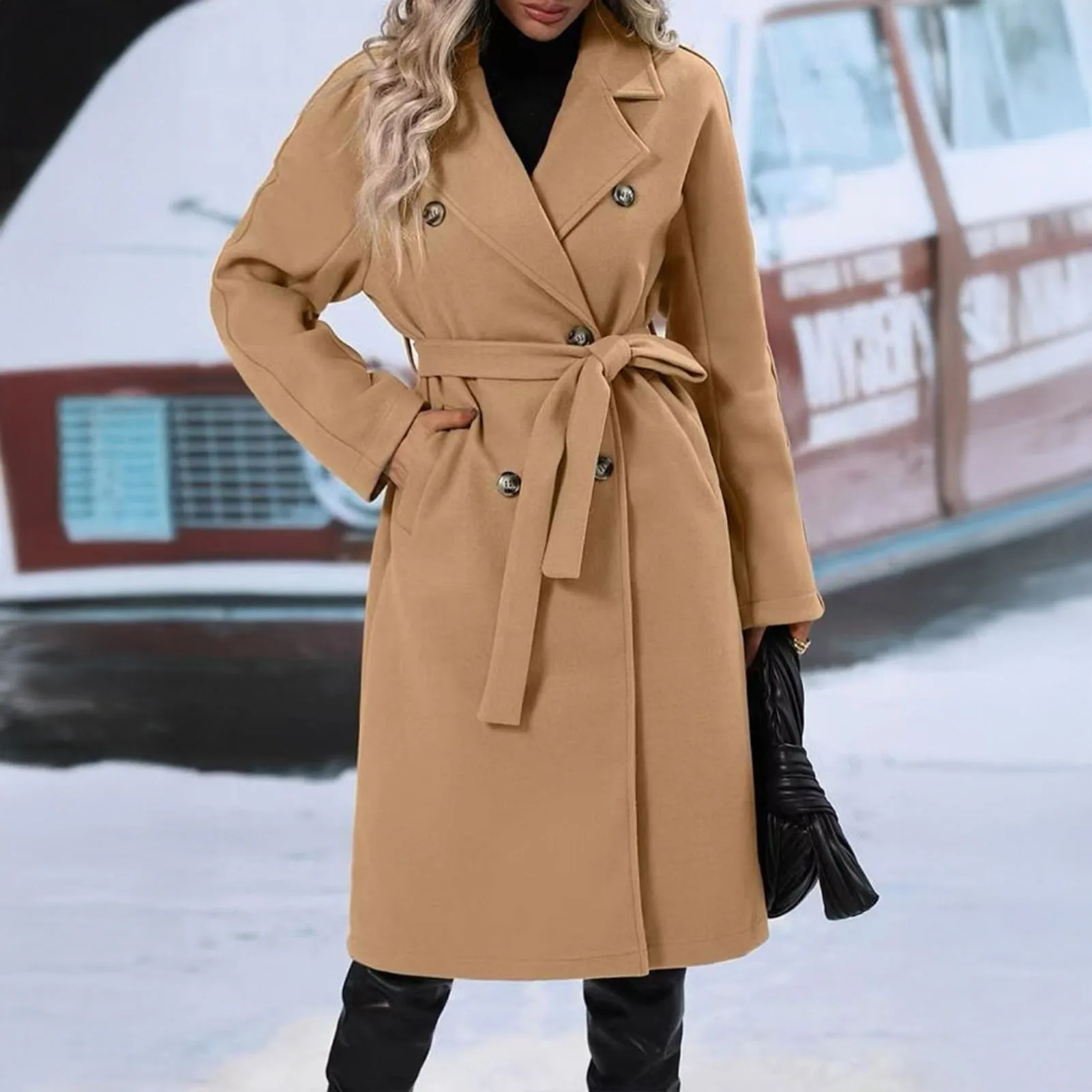 

Women's Mid Length Wool Coat Double Breasted Trench Coat Long Sleeve Notched Lapel Overcoat with Belt Fall Winter Outerwear