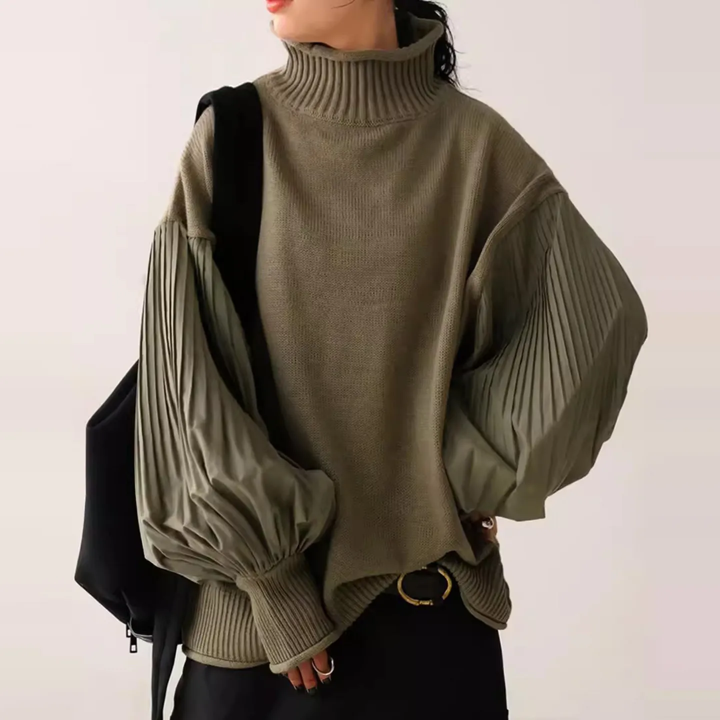 

Clothland женский элегантный вязаный свитер водолазка с рукавами-фонариками пуловер женские милые свободные топы Mujer HA649