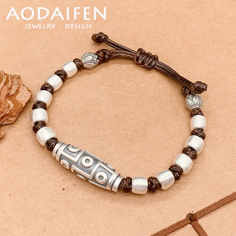 

S999 Sterling Silver Hand-woven Tibetan Beads Six-Character Mantra Bracelet Men and Women's Retro Trend Luxurious Jewelry Gift