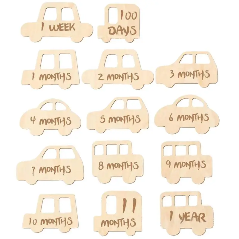 Month Cards For Baby 14X Wooden Milepost Car Signs Baby Growth Cards Photo Props Baby Birth Announcement Sign For Boy And Girl