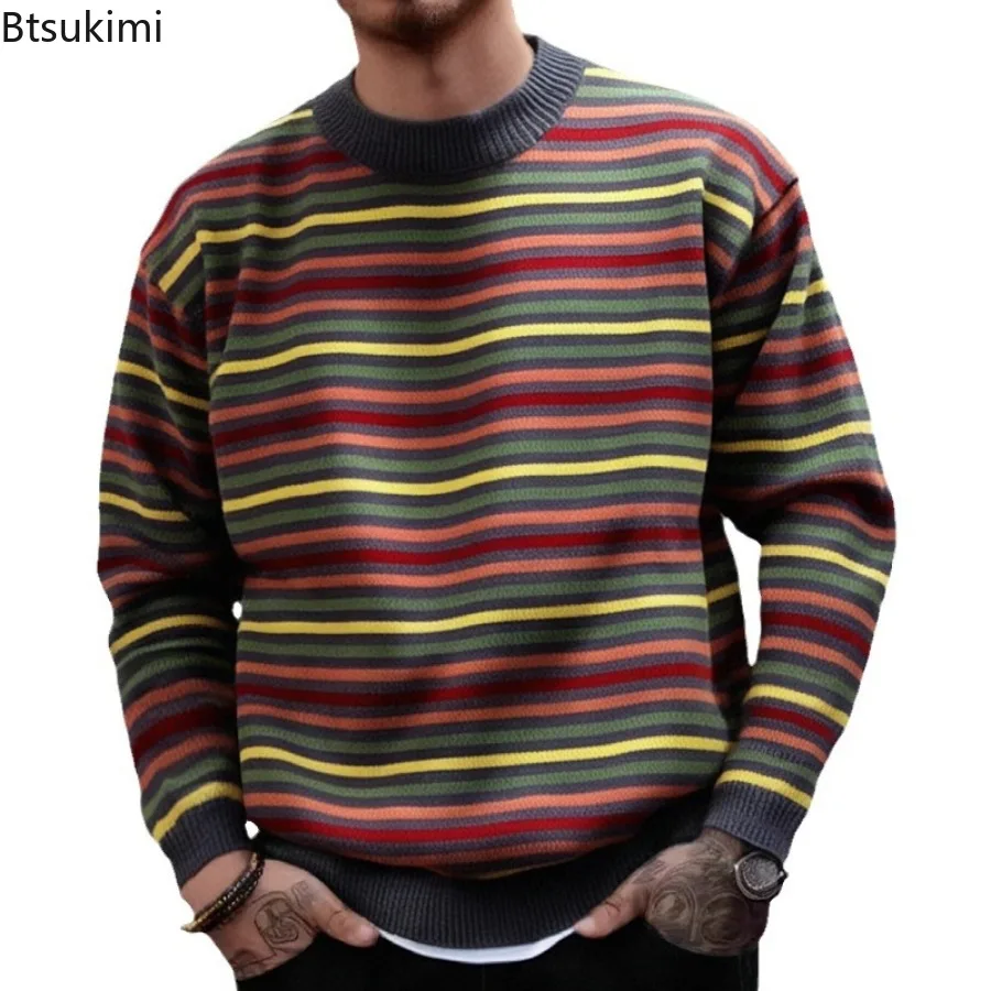 New Men's Autumn Winter Warm Sweaters Fashion Rainbow Striped Loose Leisure Knitted Pullovers High Quality Thicken Knitwear Tops