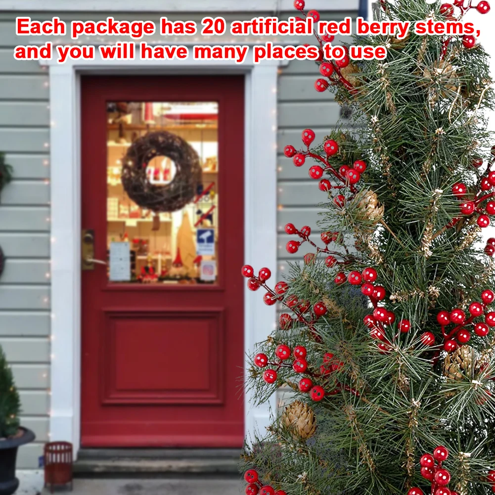 20 قطعة فروع هولي التوت الاصطناعي 8.7 بوصة سيقان هولي بيري وهمية متعددة الاستخدامات لتزيين شجرة عيد الميلاد