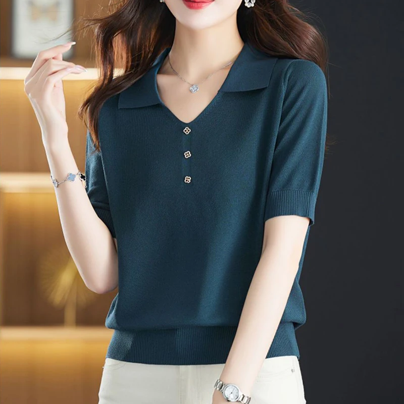 Women's Clothing 2023 Summer Korean Fashion Elegant Ice Silk Knitted T-shirt Solid Color V Neck Short Sleeve Loose Pullover Tops