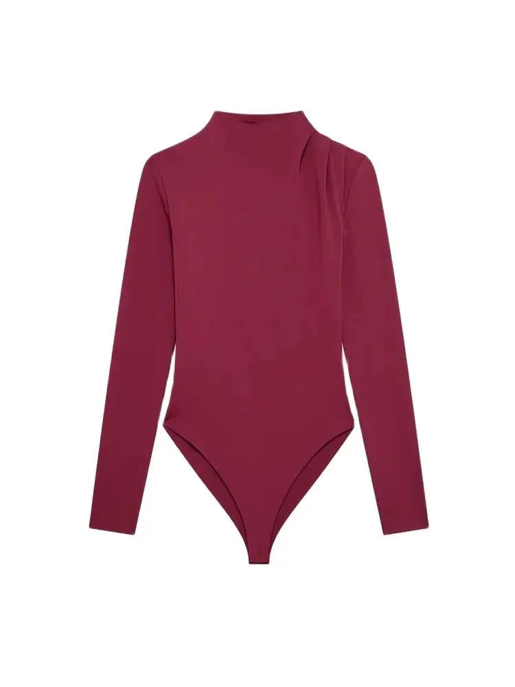 TRZA-Plissee-Bodys für Damen, Peter-Pan-Kragen, lange Ärmel, Druckknopf, weibliche Playsuits, schicke Mode