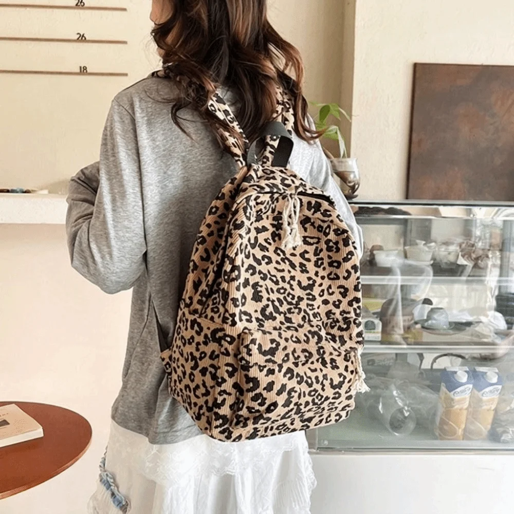 Corduroy Leopard Print Backpack Harajuku Lightweight Students School Bag College Style Adjustable Shoulder Straps