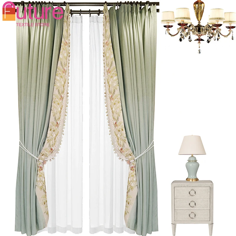 

American Luxury Green Embroidery Splicing Velvet Curtains Forliving Room Bedroom French Window Villa Customized Finished Product