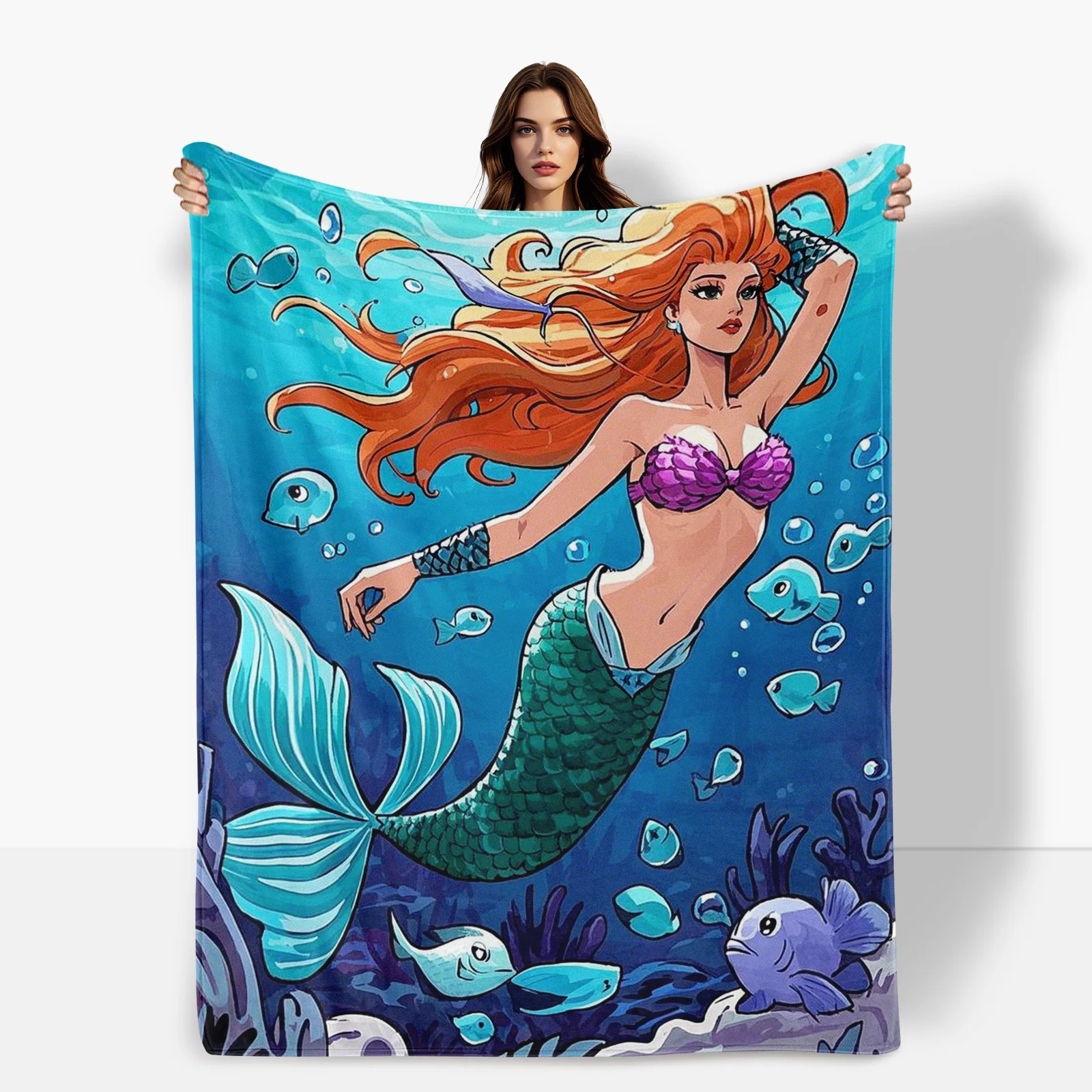 Sirena con peces pequeños y algas marinas en manta naranja para decoración temática del océano y regalo único para adultos y amantes del mar