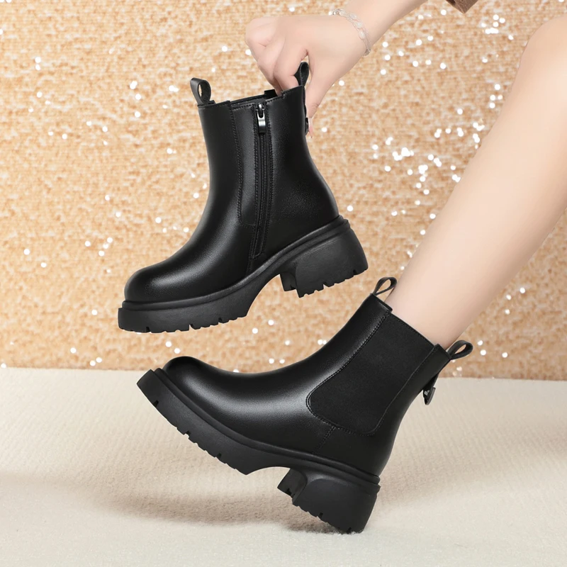 AIYUQI Snow Boots Women 2024 New Genuine Leather Women Ankle Boots British Style Natural Wool Winter Warm Women Chelsea Boots