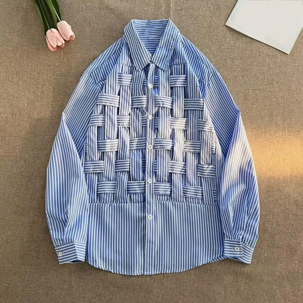 Men Casual Shirt Lapel Long Sleeve Shirt Tops Hollow Braid Design Solid Color Tops Spring Autumn Loose Fit Shirt