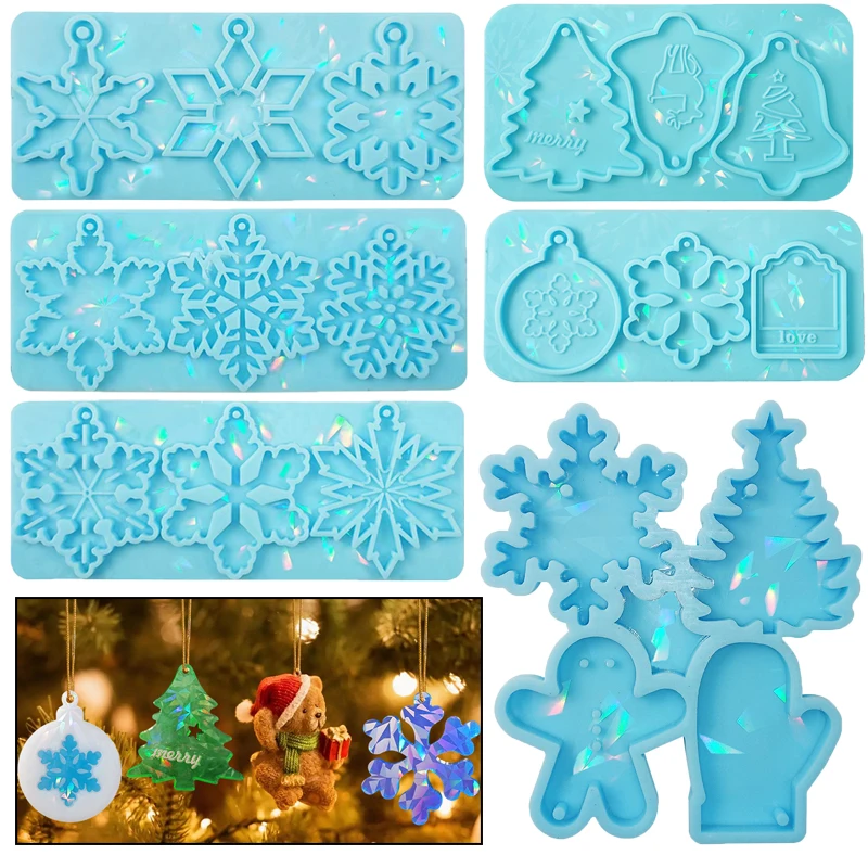 Light Shadow Christmas Pendant Epoxy Resin Mold Bell Snowflake Laser Silicone Mould Jewlry Keychain Making Christmas-Tree Decor