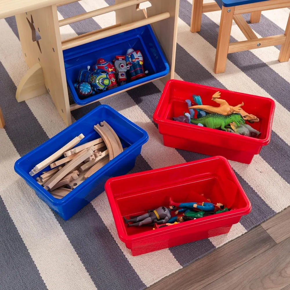 Wooden Star Table & Chair Set with 4 Storage Bins, Children's Furniture – Red, Blue & Natural