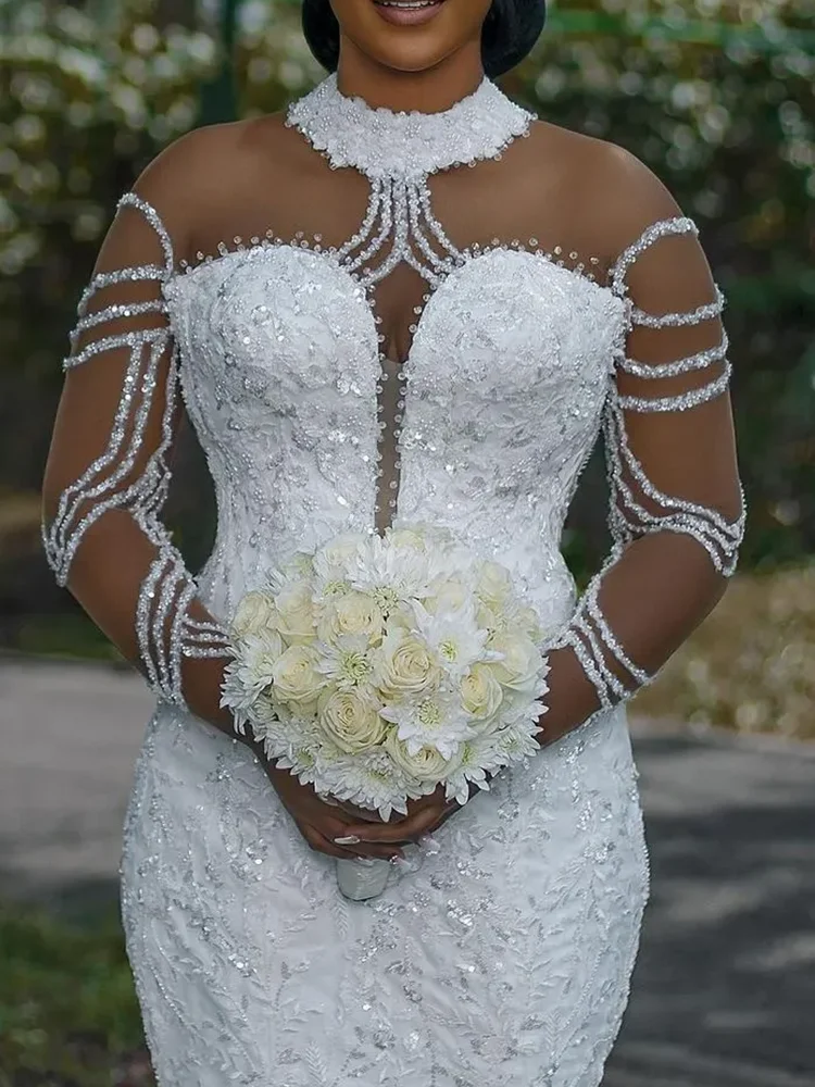 カスタムレースマーメイドウェディングドレス,ビーズ,ブライダルガウン,セクシーなアップリケ