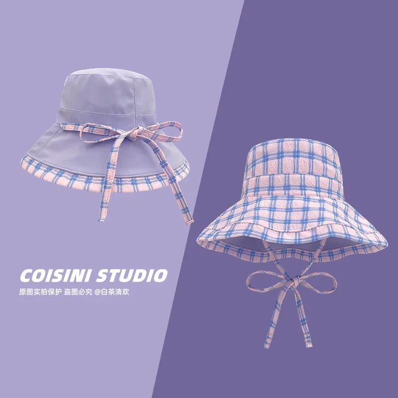 

Japanese Fresh Mori Contrasting Color Plaid Strap Bucket Hats Women Summer Sunscreen Versatile Fashion Double-sided Sun Hat