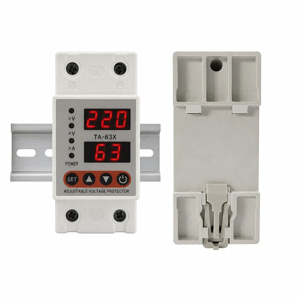 1-63A 220V Single Phase Dual LED Display 4-Button Adjustable Over/Under Voltage & Overcurrent Protector for Home Wiring