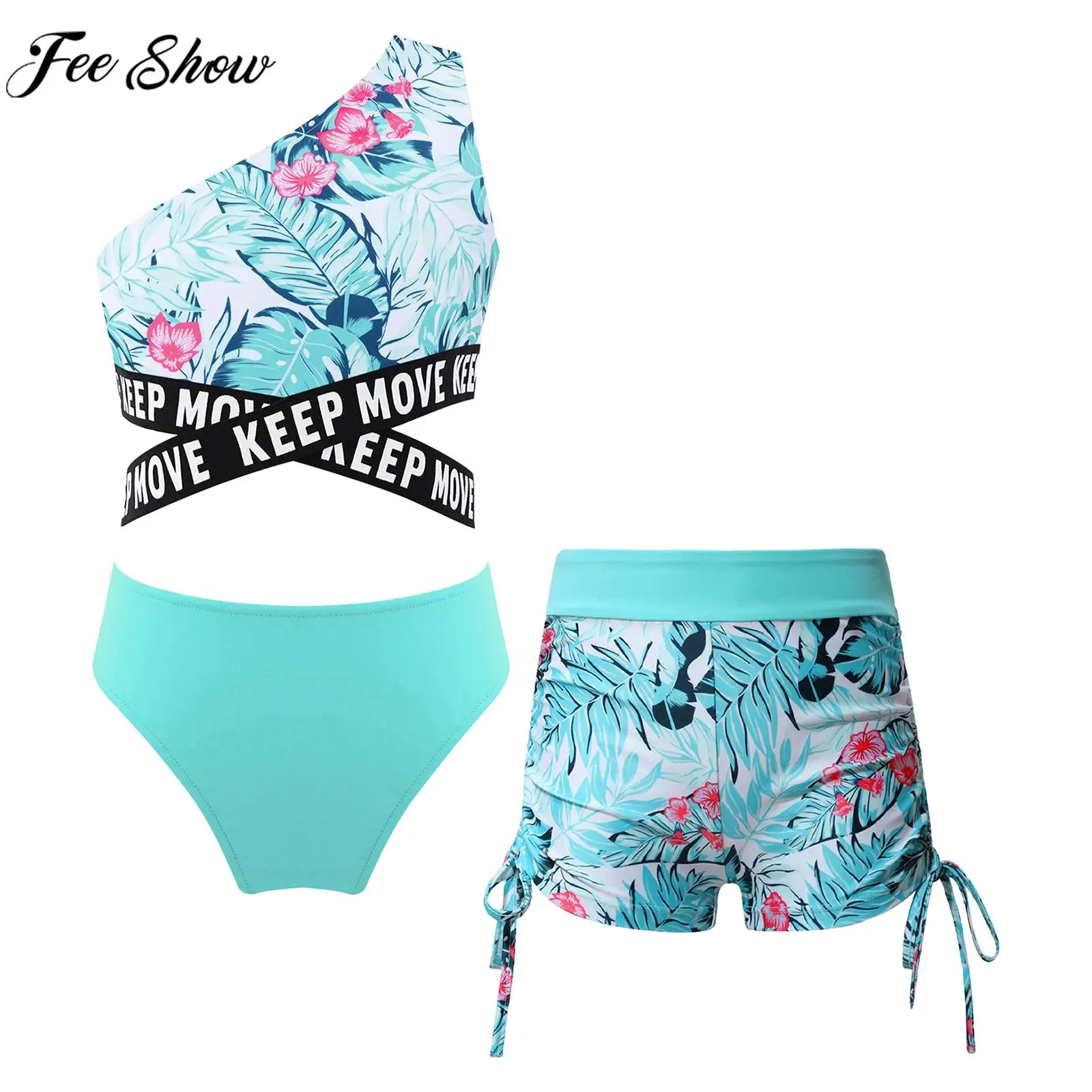 

Children Girl Print Swimsuit Single Shoulder Criss Cross Crop Top with Briefs Shorts Beach Pool Water Park Bathing Suit Swimwear