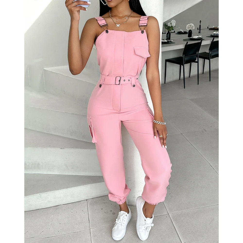 Sommer Frauen Tasche Design Cargo ärmellose Manschette Overall mit Gürtel Party weibliche Overalls einteilige Overall Outfits y2k