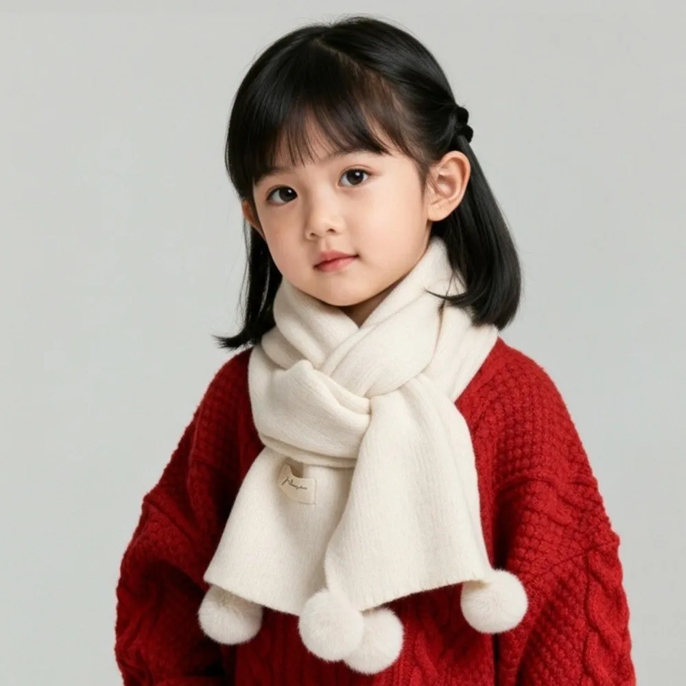 Gifts Knitted Kids Pom Pom Scarf Solid Pom Pom Detail Children Knitted Scarf Warm Kids Winter Scarf New Year Outfits