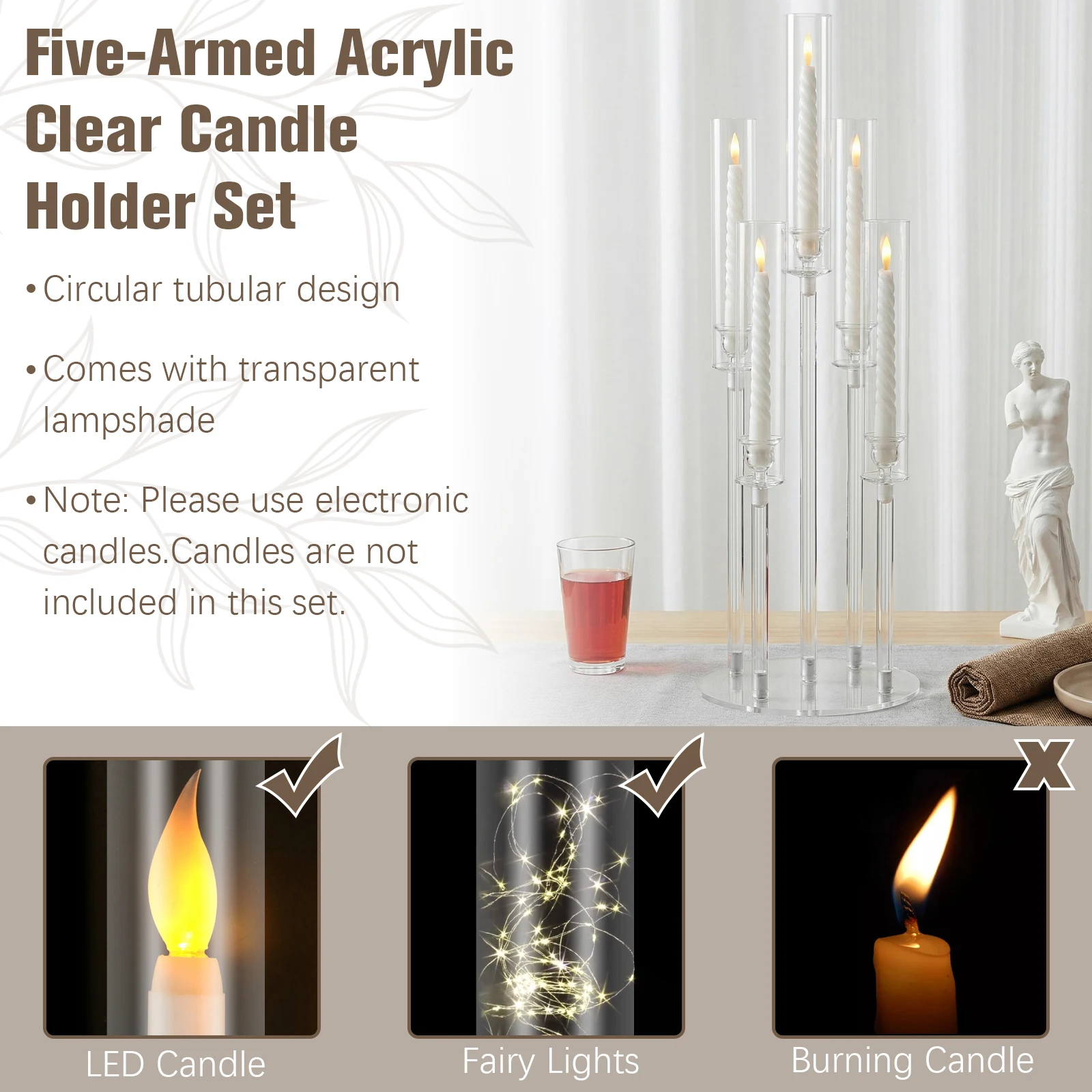 

20/10PCS 5 Arm Acrylic Candlestick Holder with Shade 0.8 LED Candelabra Centerpiece Stands for Wedding Party Table Centerpiece