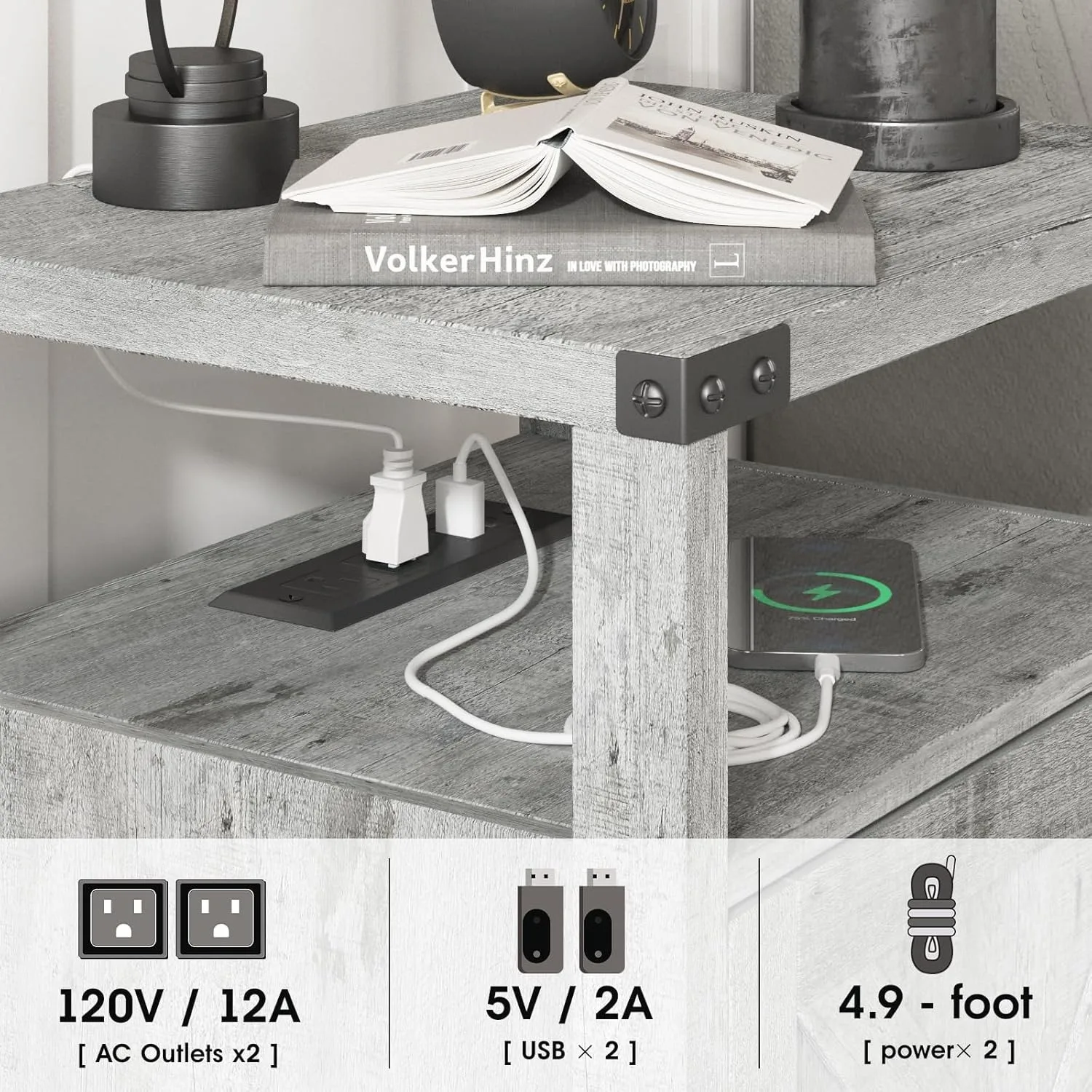 Juego de 2 mesitas de noche con estación de carga, mesa auxiliar de granja para sala de estar con puertos y tomas USB