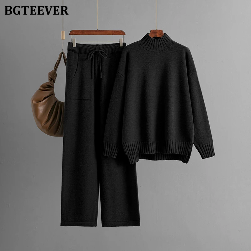 BGTEEVER Stylish Thicken Warm Loose Female Knitted Outfits Long Sleeve Half High Collar Sweaters Women Drawstring Trousers Suits