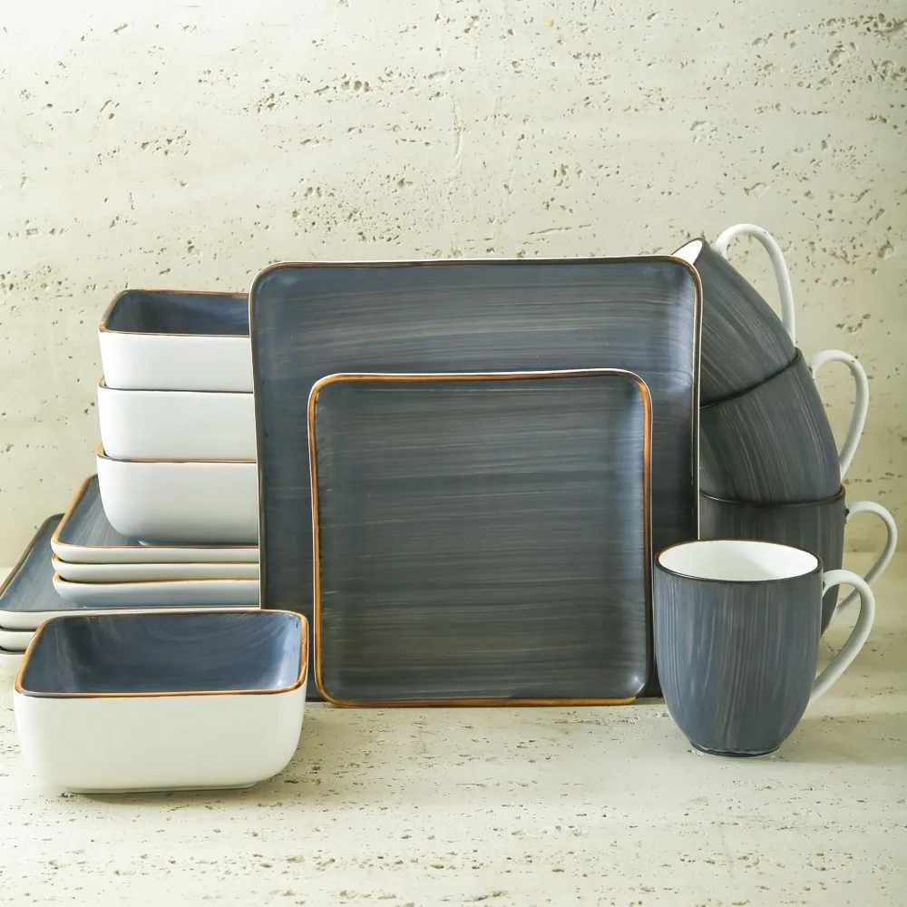 Esmeralda Porcelain Dinnerware Set, Service for 4, 16 Pieces Square Grey Brushed Design