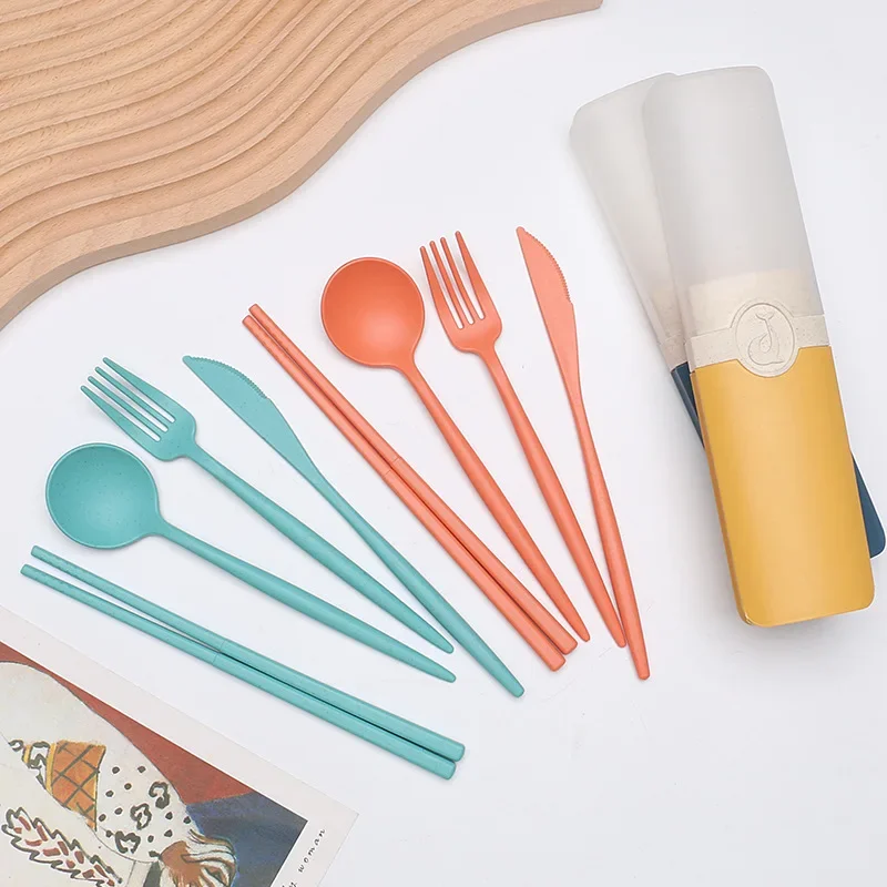 5 Stück Weizens troh Geschirr Set tragbare Geschirr Messer Gabel Löffel umwelt freundliche Reise Besteck Utensilien Box Essstäbchen