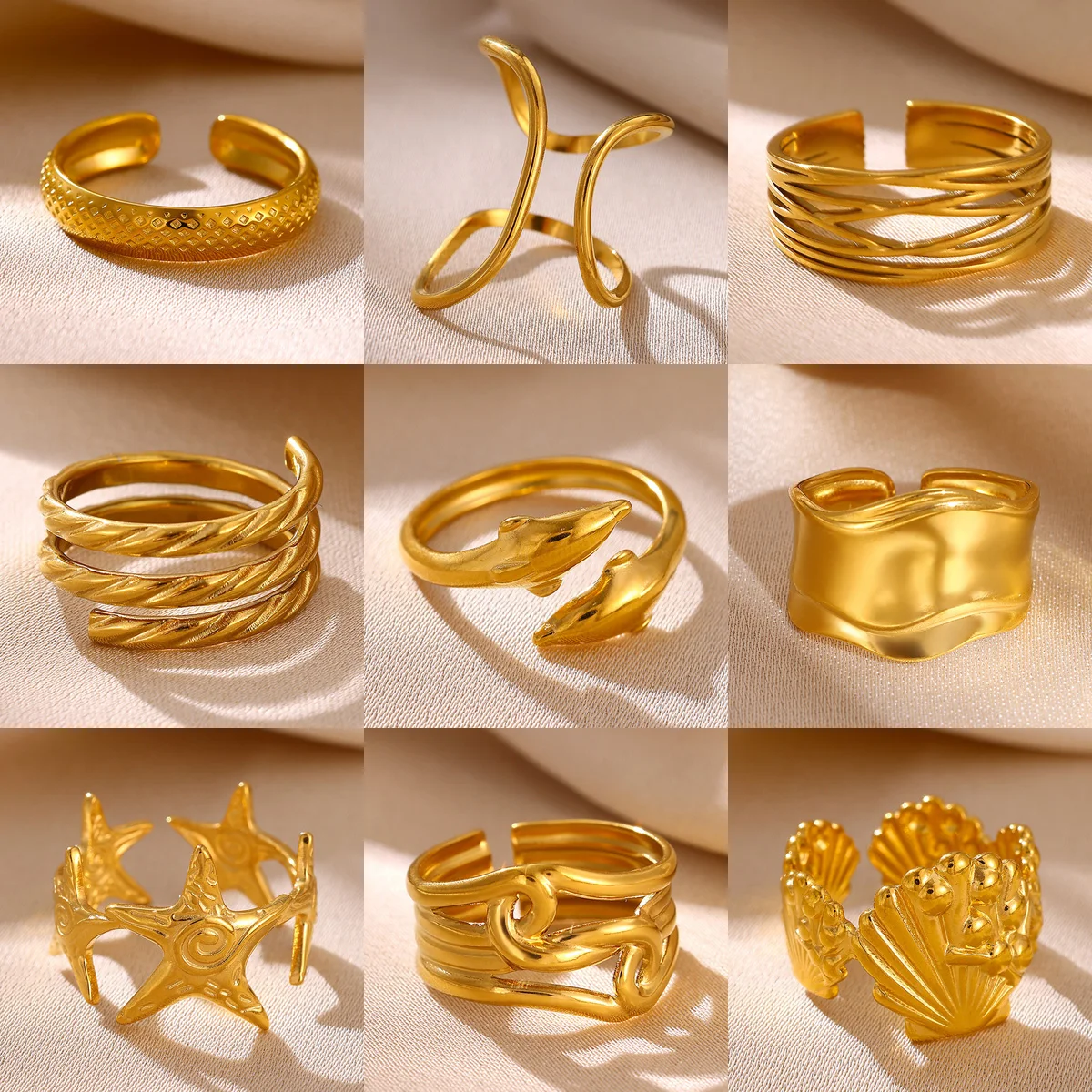 Ozean-Urlaubsstil Edelstahlringe für Frauen Seestern Delfin Muschel Stapelbare Ringe Wasserdichter Schmuck Accessoires