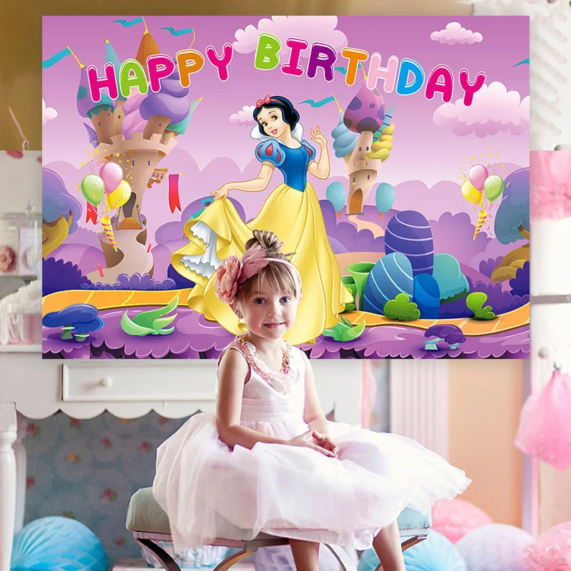 1pc Disney Snow White Children\'s Birthday Theme Backdrop Cloth Girl Birthday Party Photography Props Baby Shower Decoration