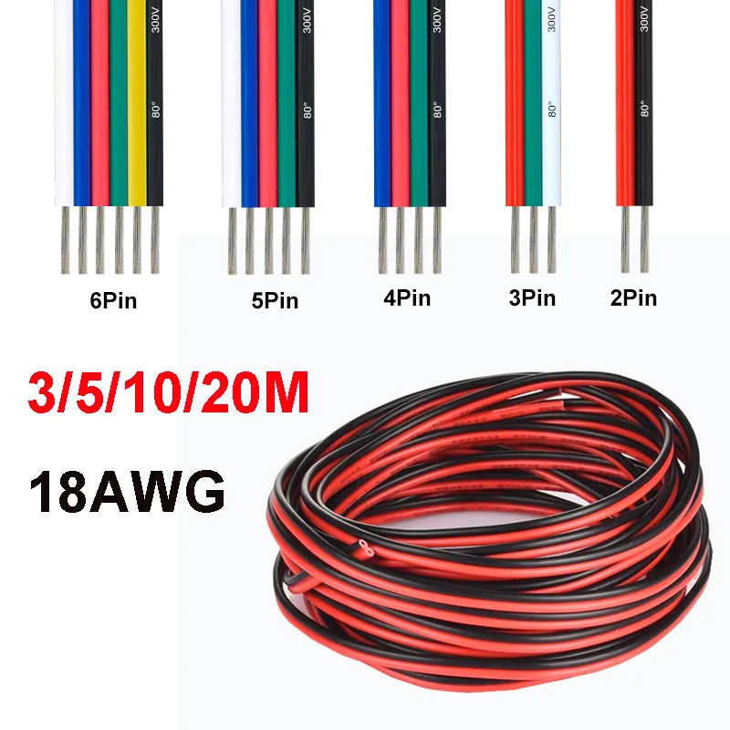 

18AWG 12V Flexible Red Black Wire 2/3/4/5/6pin LED Strip Extension Cable For RGB RGBW WS2812B LED Strip Lights JST Connector