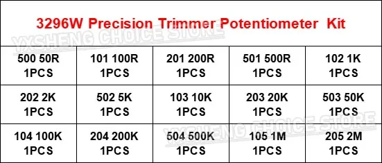 15PCS 3296W Precision Potentiometer Kit Sets 3296 50 100 200 500R Ohm 1K, 2K 5K 10K 20K 50K 100K 200K 500K 1M 2M 103 104 203 204