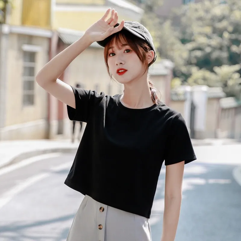 تي شيرت نسائي صيفي 2024 ort Sve ذو لون نقي كوري Sle ort طول متعدد الاستخدامات لون الحلوى قاعدة irt زر البطن E... #3