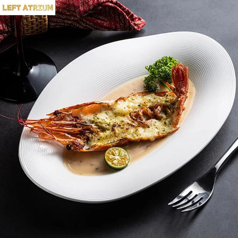 Line Patterned Ceramic Plate Irregular Fish Plate Serving Plate Salad Plates Snack Plates Molecular Cuisine Restaurant Tableware