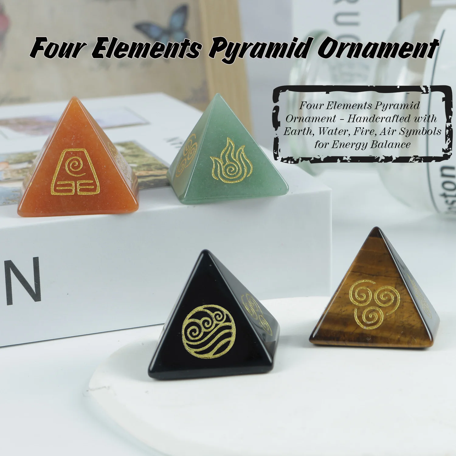 

2025 Hot sales Natural Crystal Quartz Amethyst Gem Pyramid Four Element Air Water Fire Earth Symbol Energy Jewelry Healing Stone