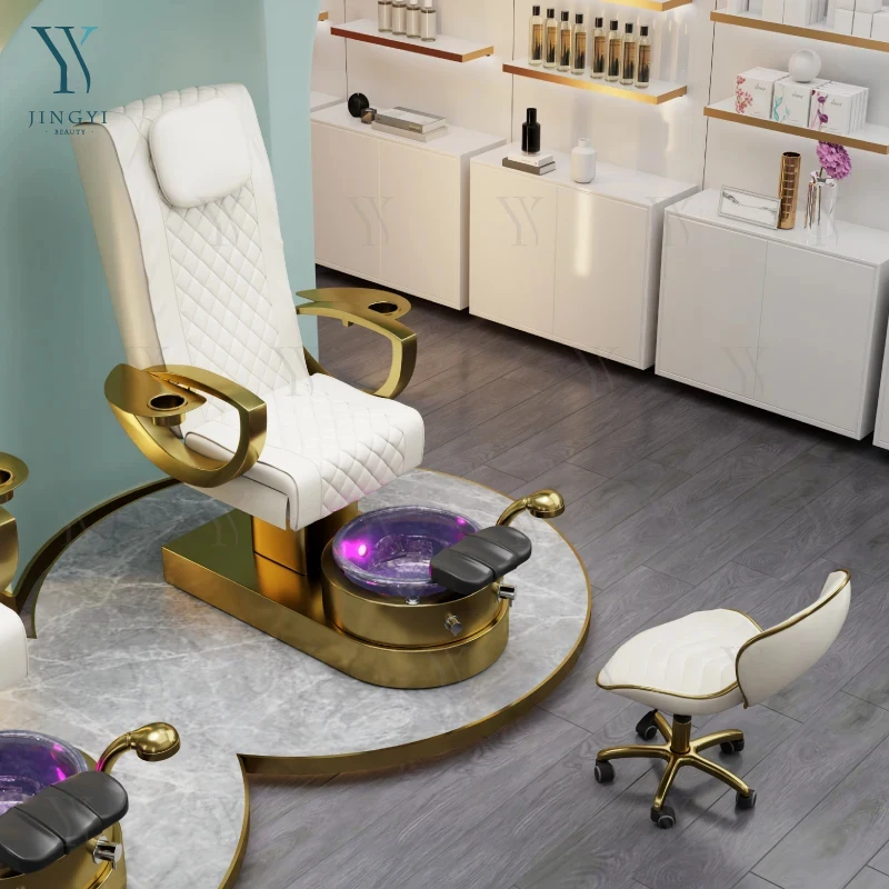 Luxury White Nail Salon Furniture Gold Base High Back Massage Manicure Chair with Plumbing Spa Nail Pedicure Chair