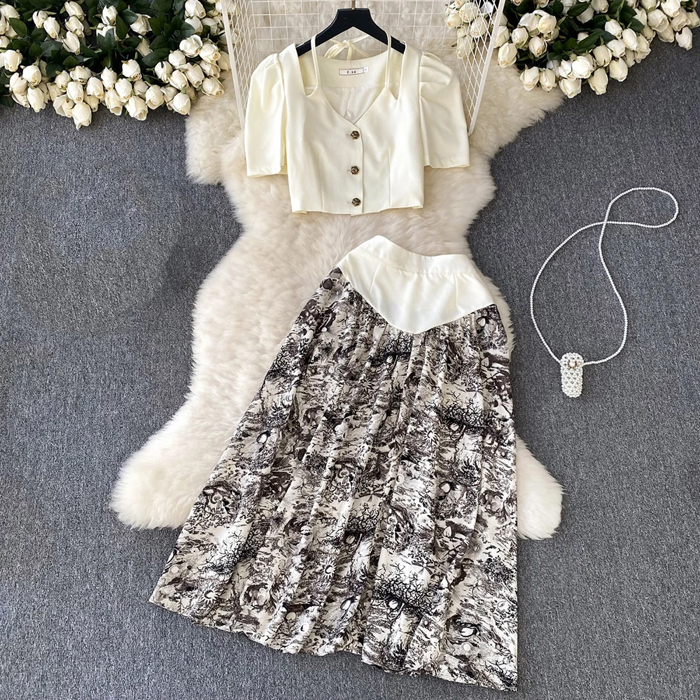 French Style Hanging Neck Puff Sleeve Short Top and High Waist Slim Ink Painted Half Skirt Two Piece Set