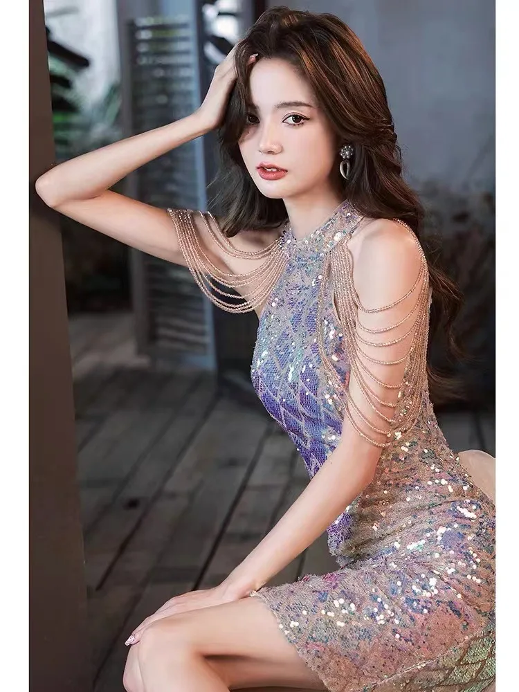 Shiny Sequin Mermaid Birthday Party Gowns Hanging Neck Off Shoulder Beading Tassels Sleeveless Tulle Bow Court Formal Vestidos
