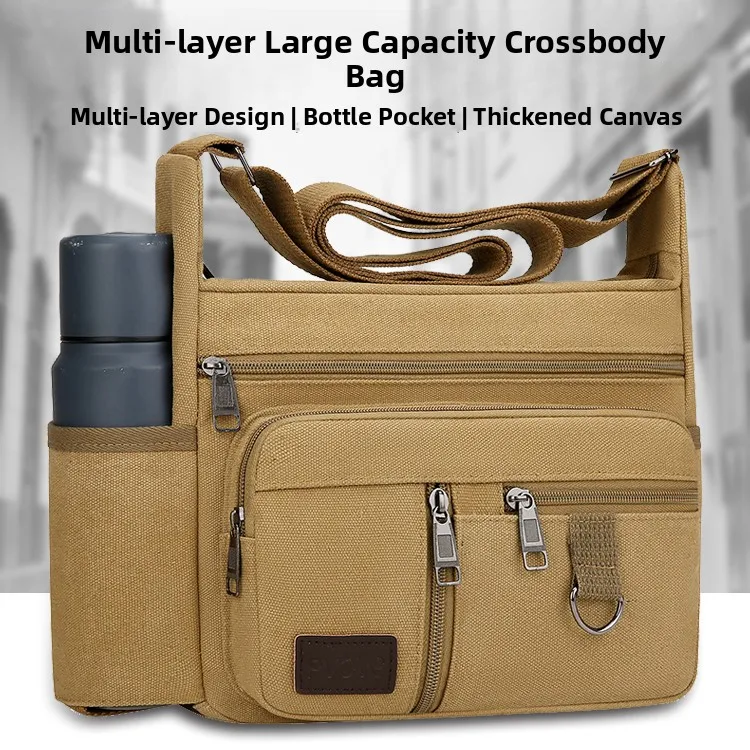 Korean Style Canvas Backpack Single Shoulder Slant Bag Can Load Water Cup Men's Mobile Phone Bag Large Capacity Casual Leisure