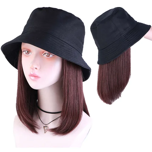 Sombrero de cubo sintético con gorro para el pelo, pelucas de sombrero de otoño Bob cortas y rectas a la moda para mujer, extensiones de cabello con Clip