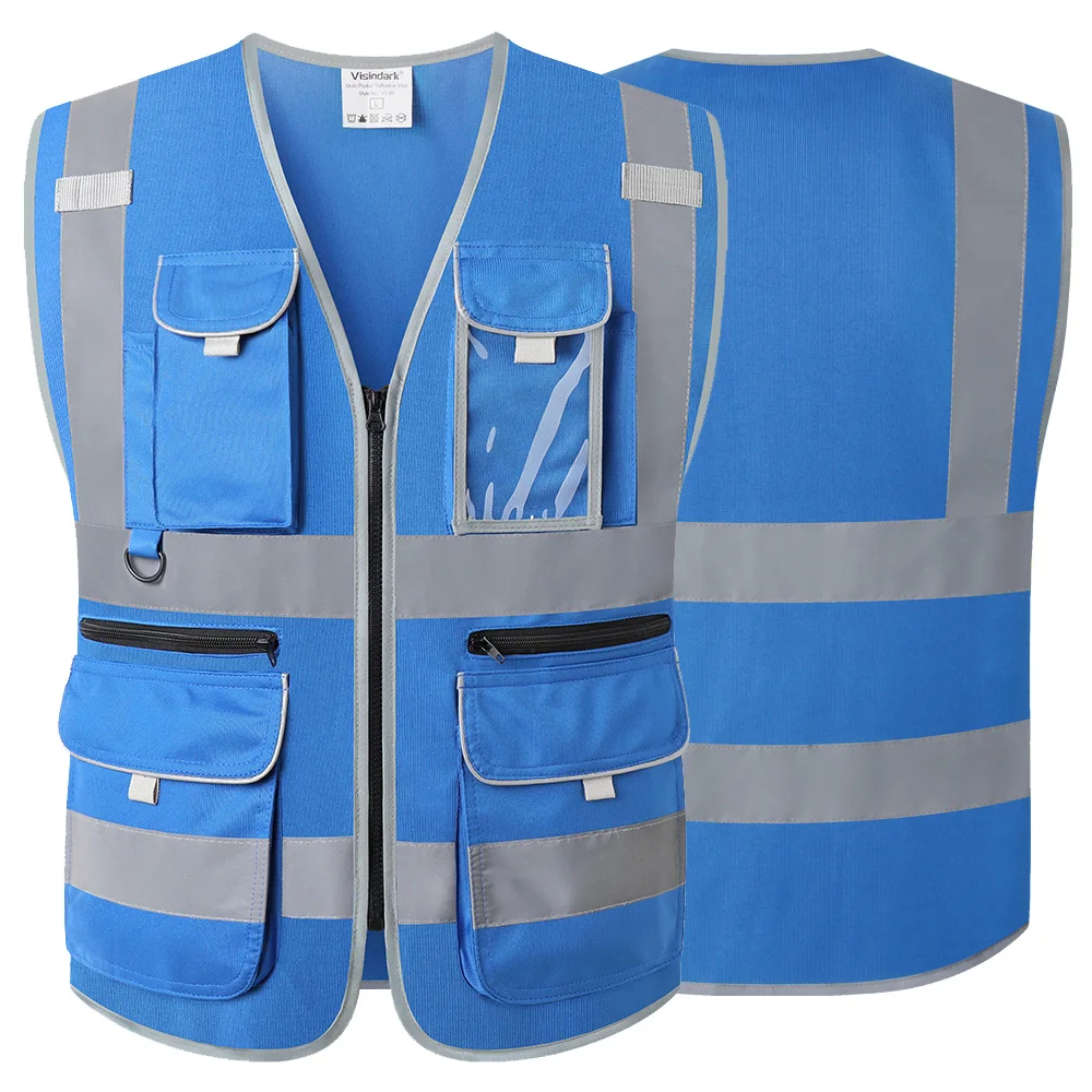 

Work Vest 9 Multi-Pockets Blue Safety Vest Reflective with Pockets and Zippers Construction Reflective Work Vest For Men