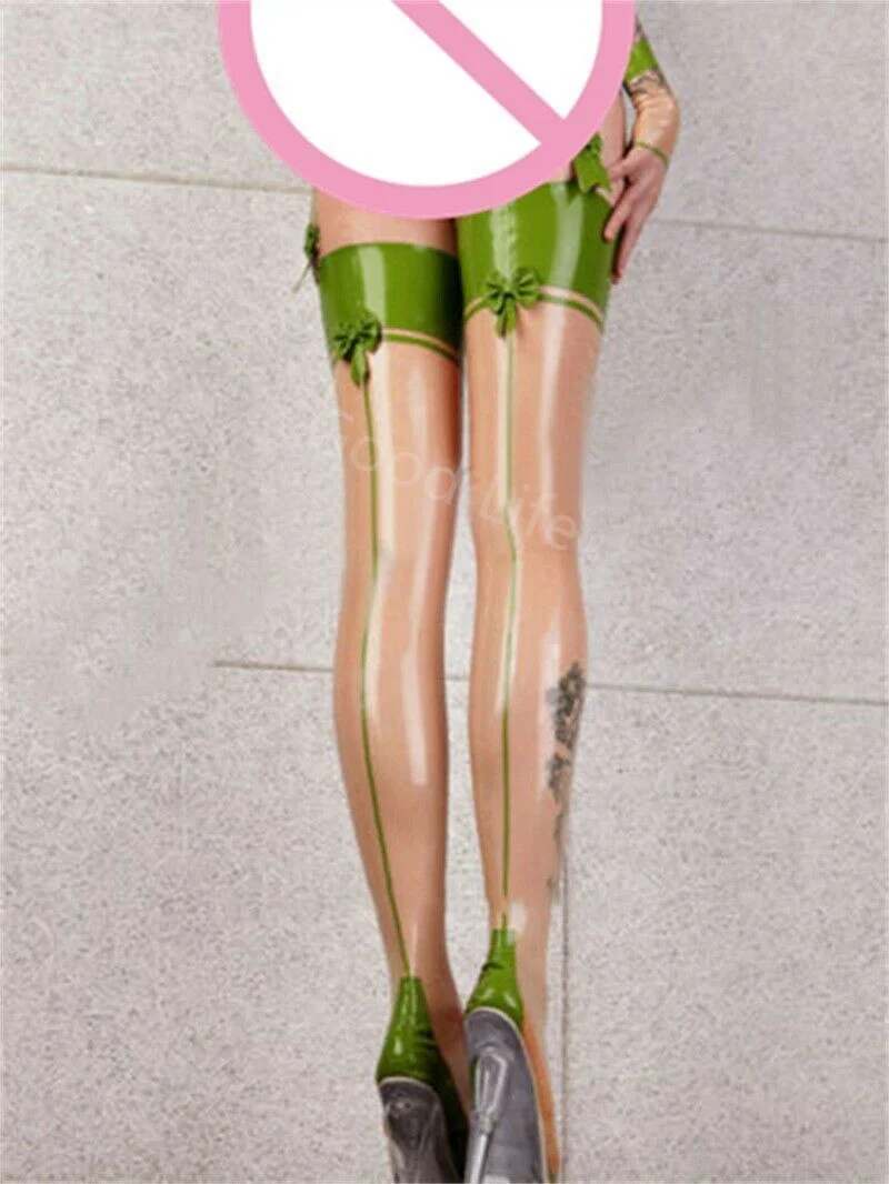 

Latex Rubber Gummi Stocking thigh-highs transparent with green trims 0.4mm