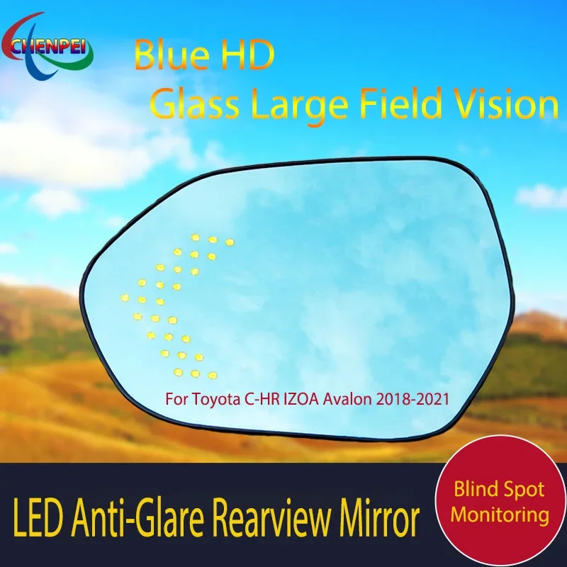 

Large View Blue Mirror Anti-Glare Electrically Heated Rearview Mirror With LED Turn Indicator For Toyota C-HR IZOA Avalon 18-21