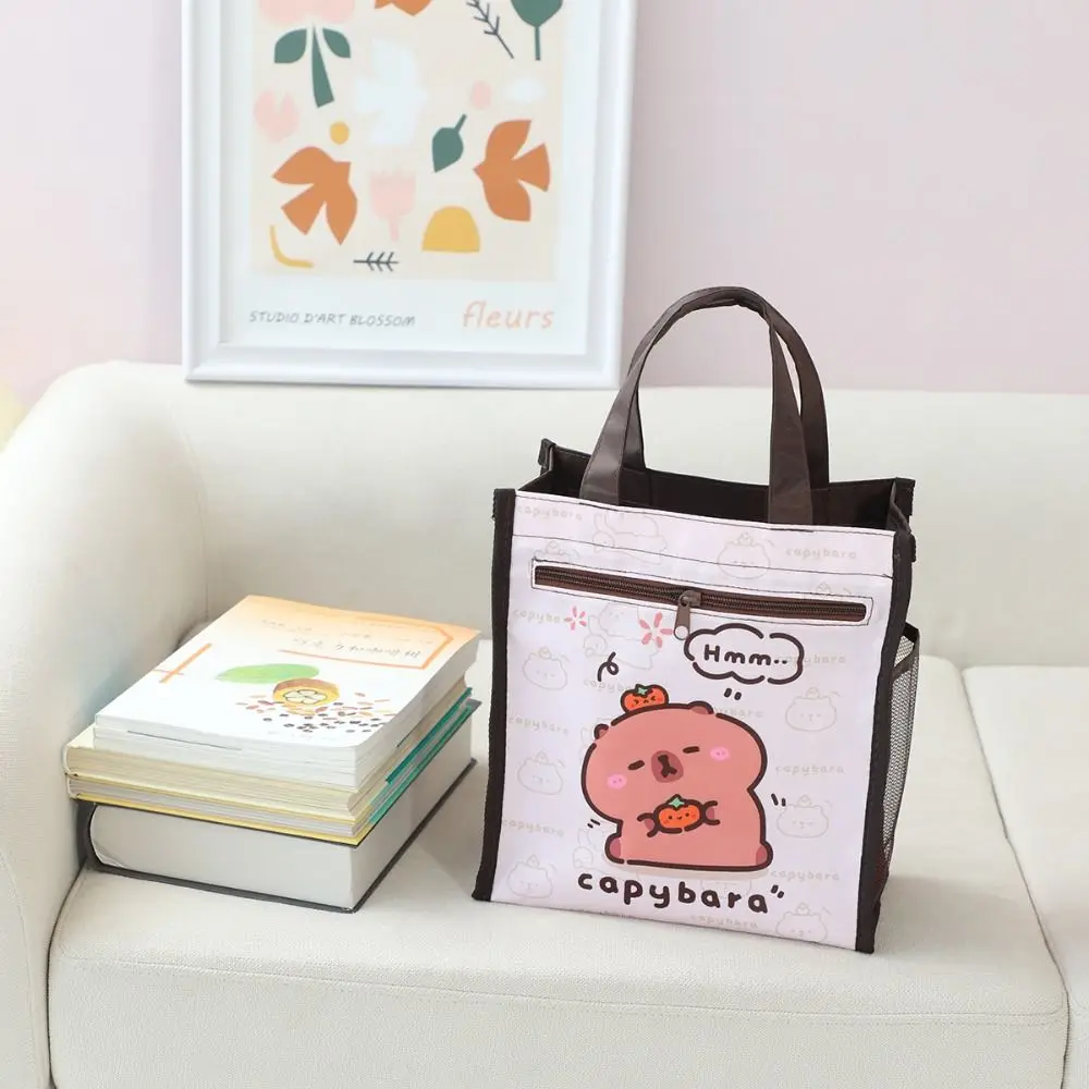 Bolso de capibara de gran capacidad con dibujos animados, bolsa portátil de doble capa con cremallera para estudiantes, bolsas de almacenamiento de arte impermeables A4