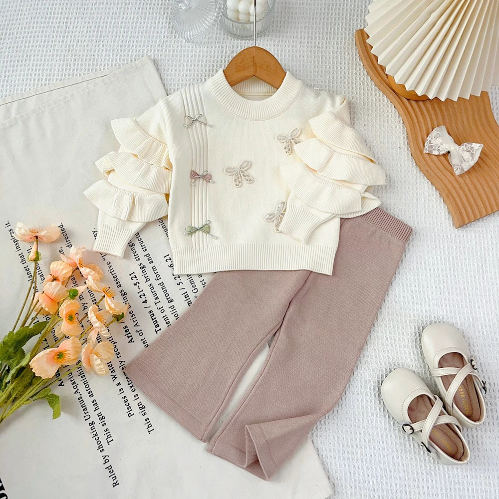 Beige Sweater Girls' Clothing 2026 Autumn and Winter Long Sleeved Knitted Suit Butterfly Bow Decoration Top + Pants Kids Clothes