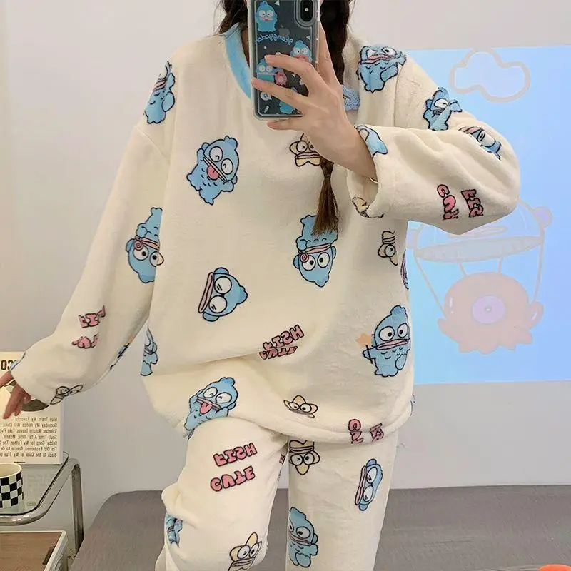 Cartoon Sanrio Hello Kitty Pajama Set Student Kawaii Kuromi Cinnamoroll Hangyodon Girl Autumn Winter Thicken Keep Warm Home Wear