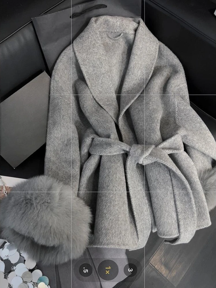 

Faux Grey Elegant Casual Winter Belted Mid-Length Overcoat Women's Fashion Outerwear Warm Coat 2025 Fashion Cardigan Jacket