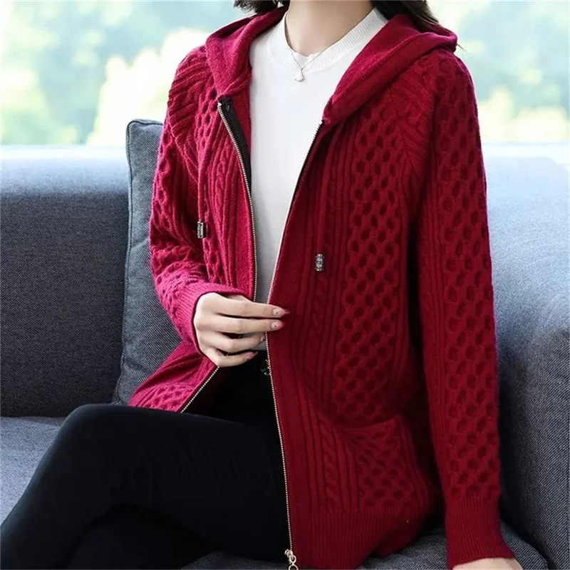 2023 New Zipper Hoody Sweater Women\'s Spring Wear Knitted Cardigan Women\'s Short Sweater Coat Loose Large Female\'s Knitwear Coat