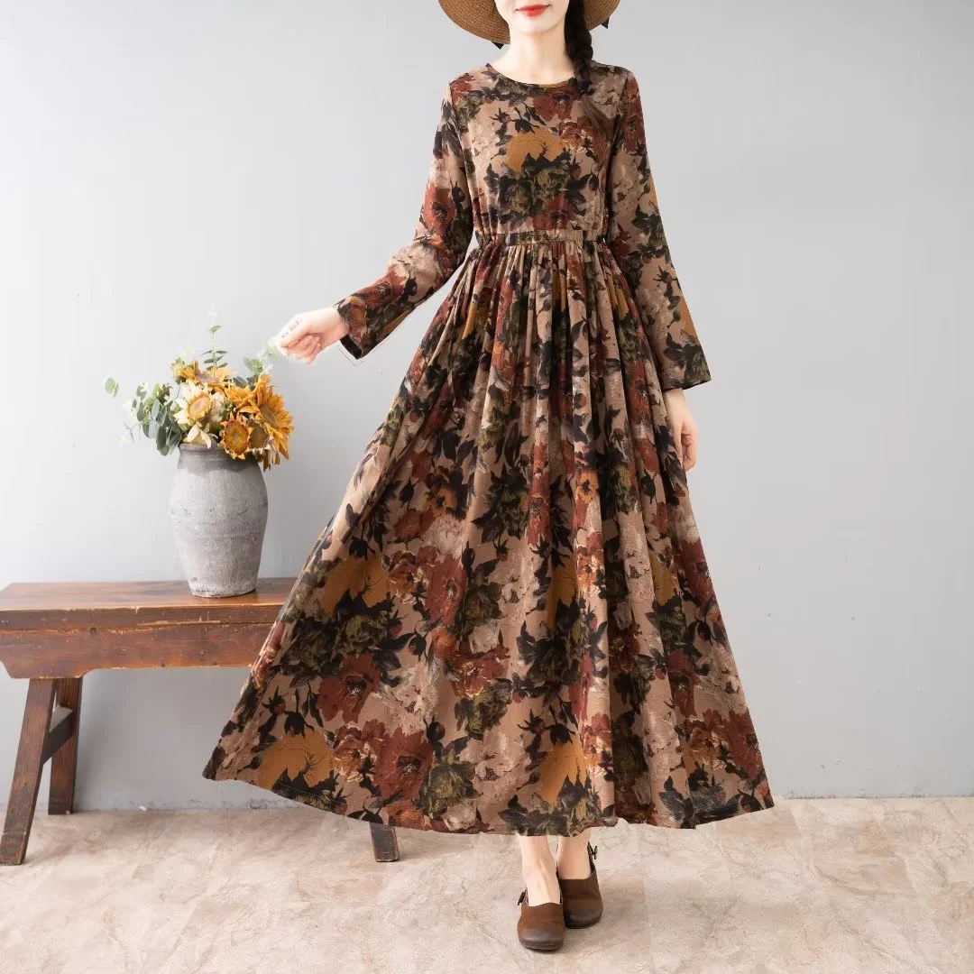 여성용 중간 길이 꽃무늬 프린트 긴 소매 라운드 칼라 캐주얼 통근 가을 시즌 패션 숙녀 드레스 우아한 TS724