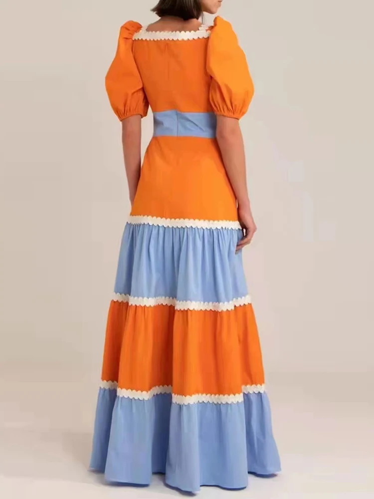 VGH Colorblock Cut Out Dress For Women Square Collar Short Puff Sleeve High Waist Floor Length Dresses Female 2025 Summer Style